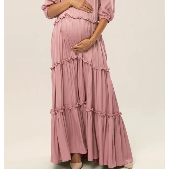 strapless open back dress Berrylush Women Solid Pink Blush Halter Neck Flared Maxi Dress main image 0